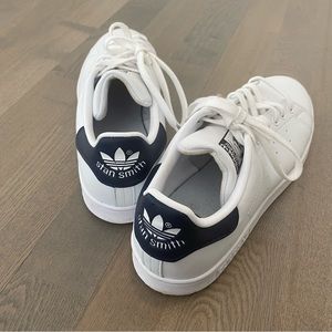 Adidas Stan Smiths, white with navy blue accents, excellent condition, size 9.5